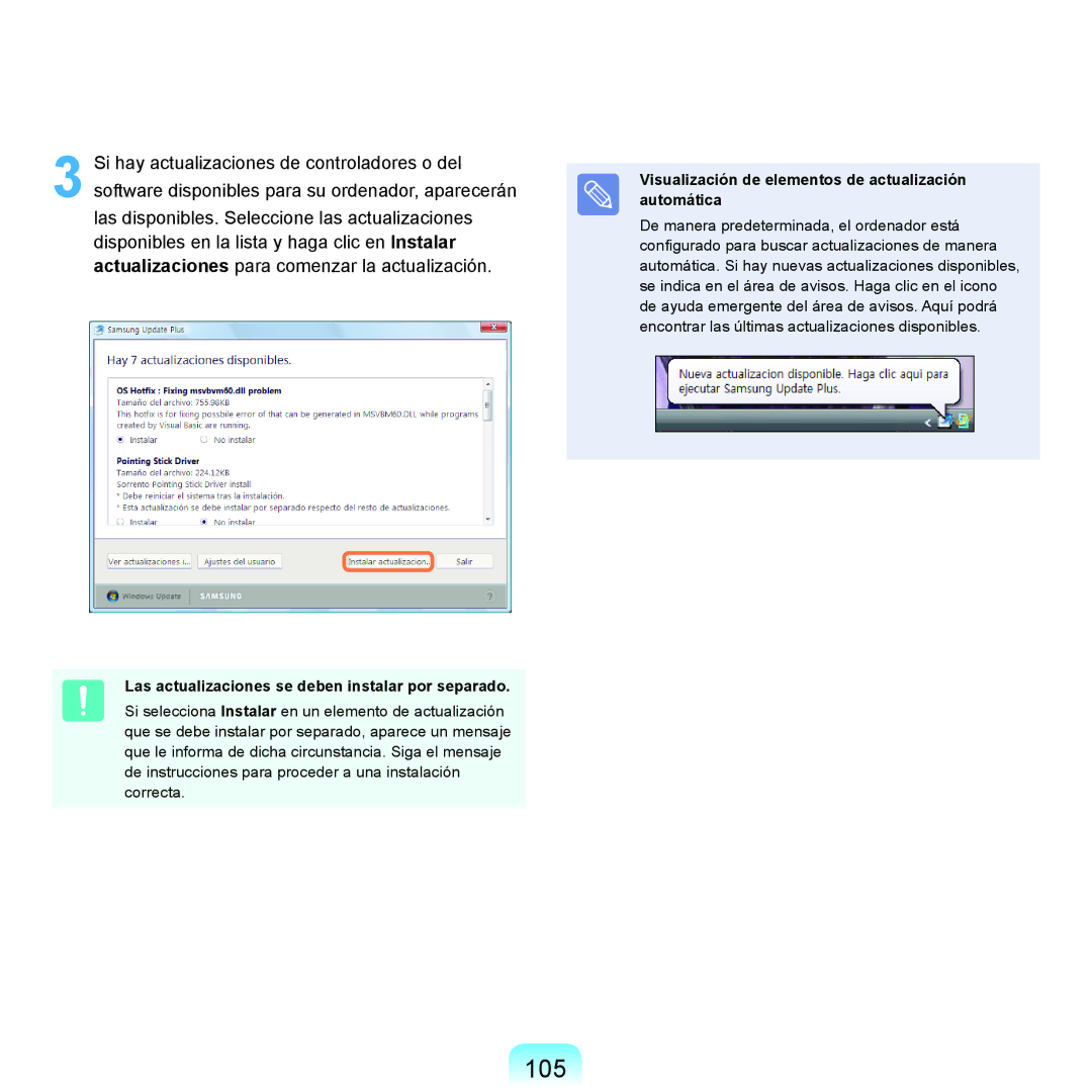 Samsung NP-R40FY05/SES, NP-R40FY07/SES, NP-R40FY00/SES manual 105, Las actualizaciones se deben instalar por separado 