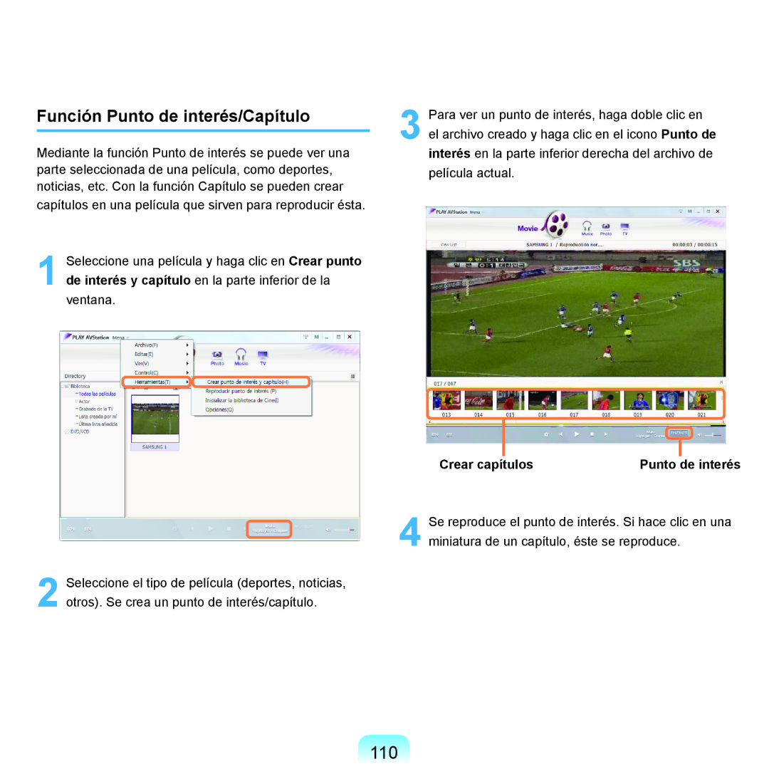 Samsung NP-R40FY04/SES, NP-R40FY07/SES manual 110, Función Punto de interés/Capítulo, Crear capítulos Punto de interés 