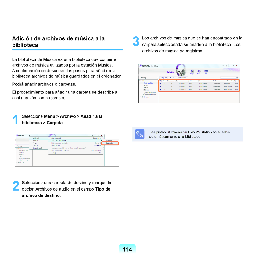 Samsung NP-R40FY0A/SES, NP-R40FY07/SES, NP-R40FY00/SES, NP-R40XY01/SES 114, Adición de archivos de música a la biblioteca 