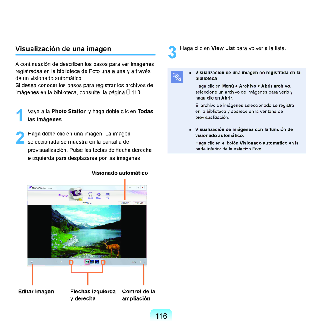 Samsung NP-R40FY06/SES manual 116, Visualización de una imagen, Visionado automático, Editar imagen Flechas izquierda 