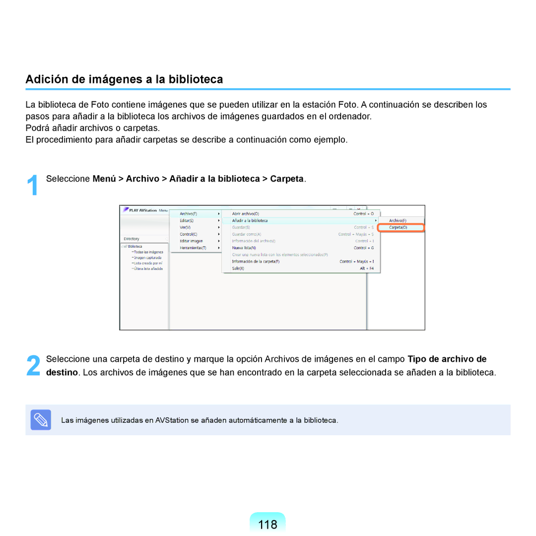 Samsung NP-R40FY01/SES, NP-R40FY07/SES, NP-R40FY00/SES, NP-R40XY01/SES manual 118, Adición de imágenes a la biblioteca 