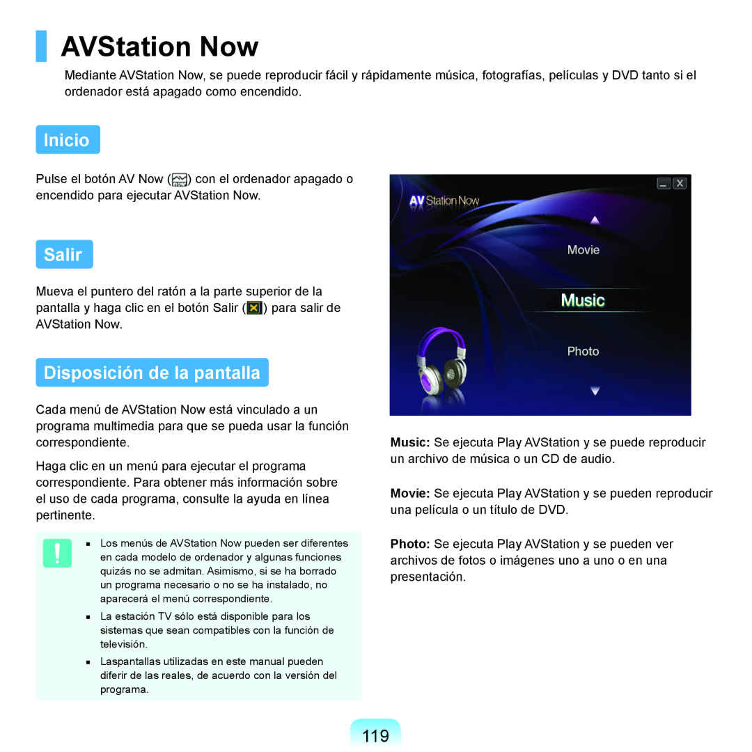 Samsung NP-R40FY05/SES, NP-R40FY07/SES, NP-R40FY00/SES manual AVStation Now, Inicio, Salir, Disposición de la pantalla, 119 