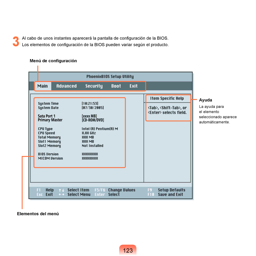 Samsung NP-R40FY09/SES, NP-R40FY07/SES, NP-R40FY00/SES, NP-R40XY01/SES 123, Menú de configuración, Ayuda, Elementos del menú 