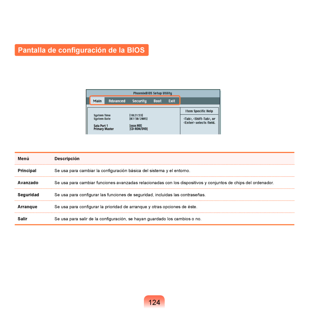 Samsung NP-R40FY04/SES, NP-R40FY07/SES, NP-R40FY00/SES, NP-R40XY01/SES manual Pantalla de configuración de la Bios, 124 