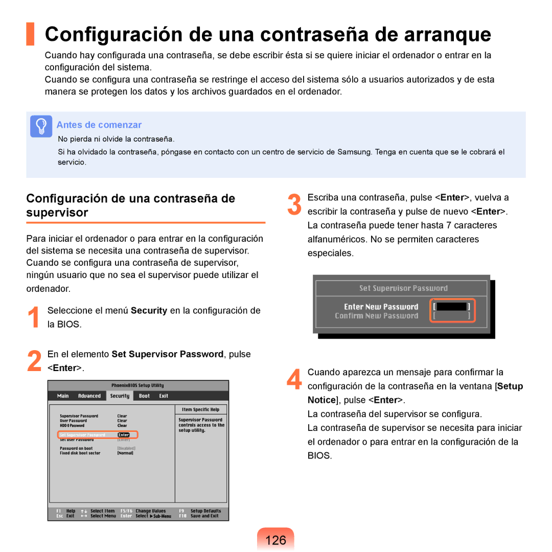 Samsung NP-R40FY00/SES Configuración de una contraseña de arranque, 126, Configuración de una contraseña de supervisor 