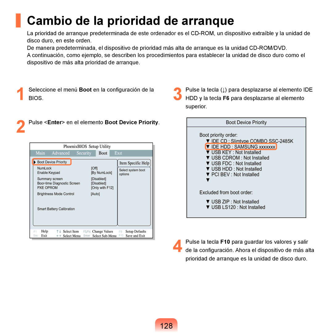 Samsung NP-R40FY0A/SES, NP-R40FY07/SES, NP-R40FY00/SES, NP-R40XY01/SES manual Cambio de la prioridad de arranque, 128 