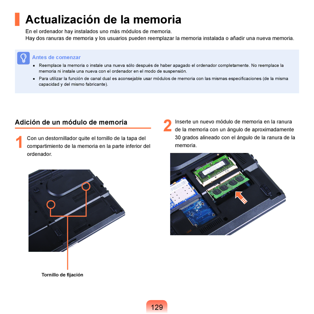 Samsung NP-R40FY08/SES, NP-R40FY07/SES, NP-R40FY00/SES Actualización de la memoria, 129, Adición de un módulo de memoria 