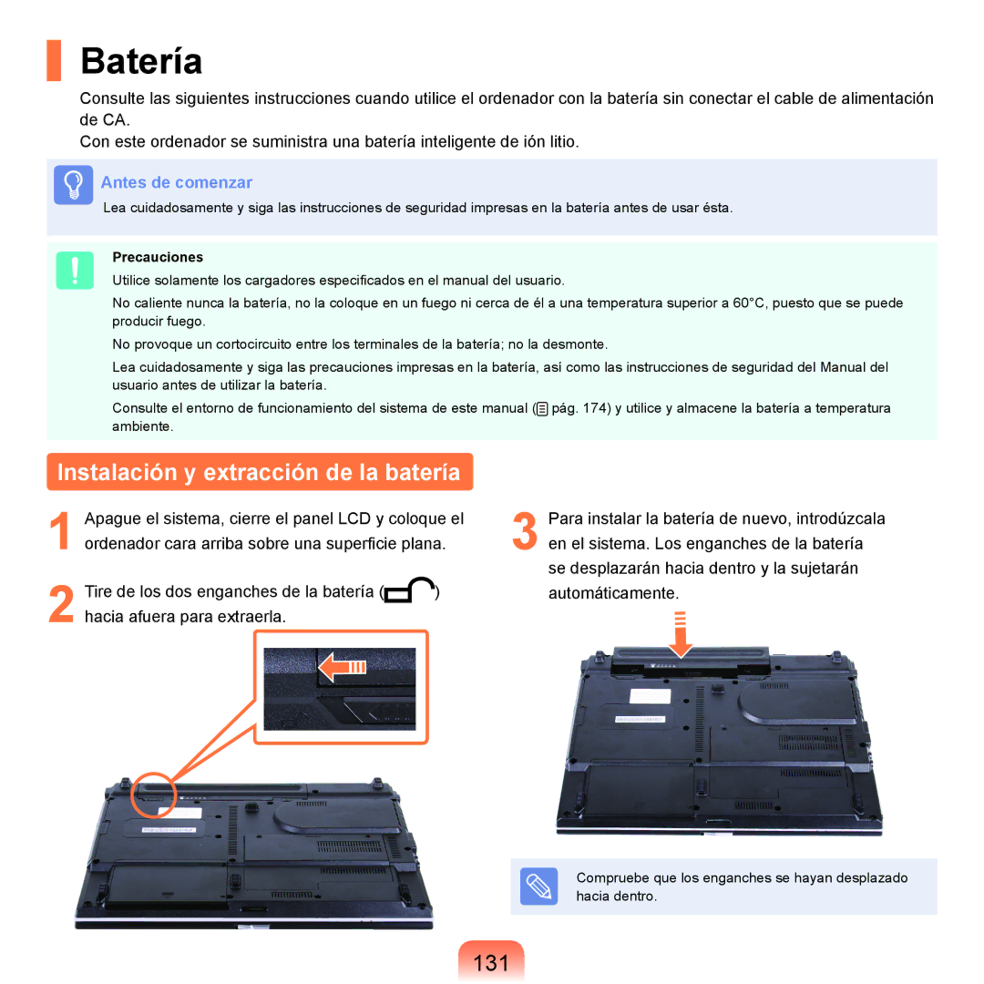 Samsung NP-R40FY0B/SES, NP-R40FY07/SES, NP-R40FY00/SES Batería, Instalación y extracción de la batería, 131, Precauciones 