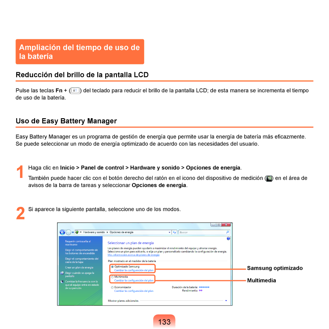 Samsung NP-R40FY05/SES manual Ampliación del tiempo de uso de la batería, 133, Reducción del brillo de la pantalla LCD 