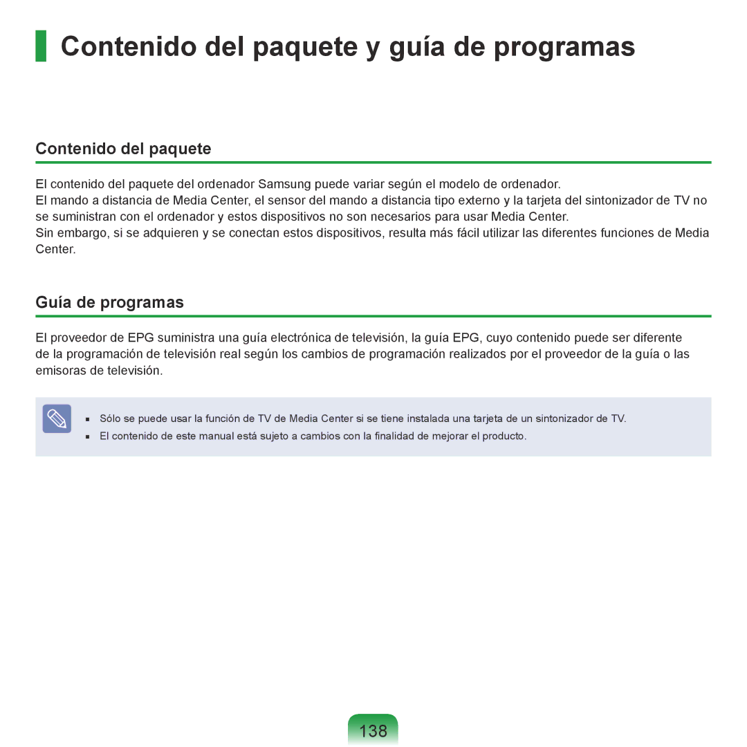 Samsung NP-R40FY04/SES, NP-R40FY07/SES, NP-R40FY00/SES Contenido del paquete y guía de programas, 138, Guía de programas 