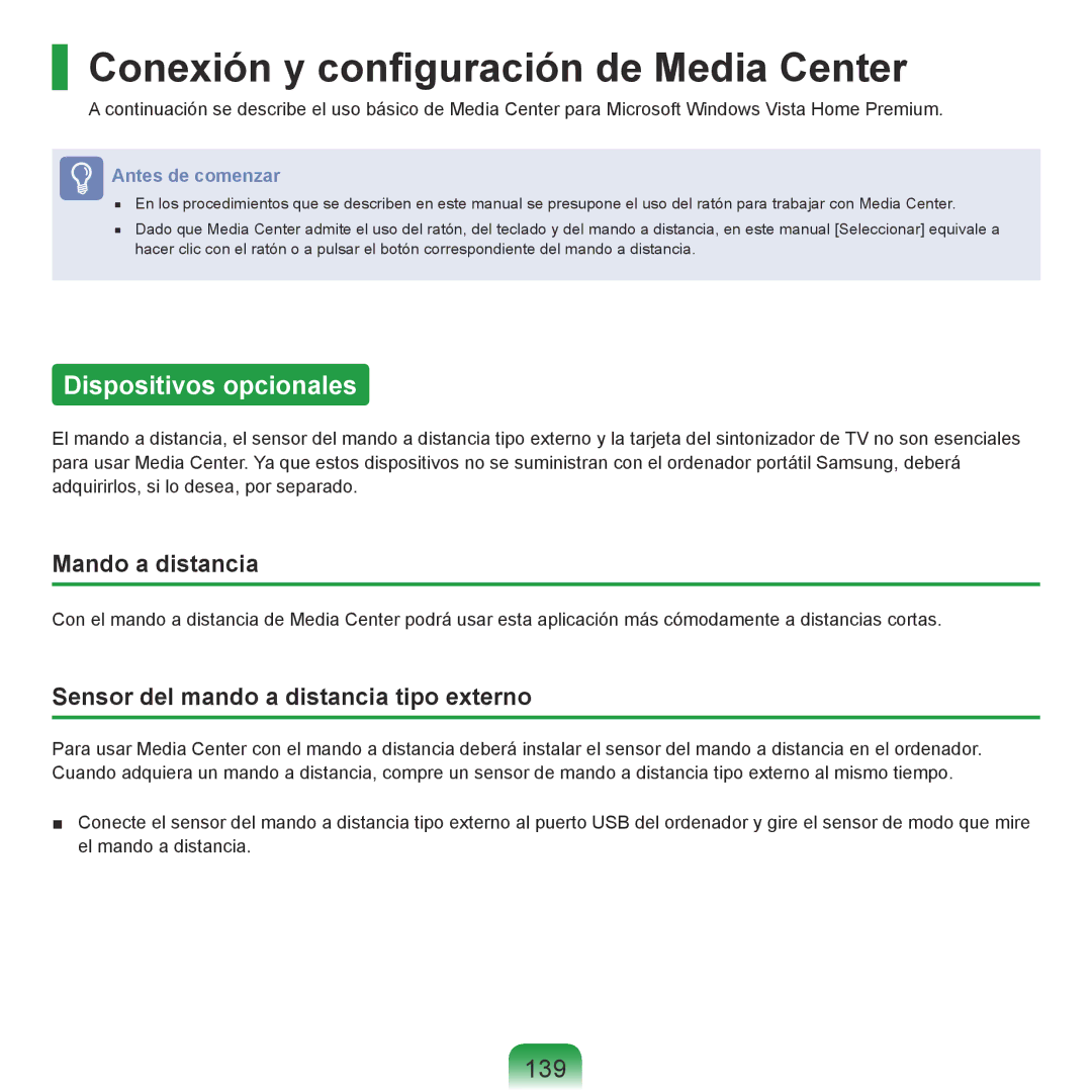 Samsung NP-R40FY07/SES manual Conexión y configuración de Media Center, Dispositivos opcionales, 139, Mando a distancia 