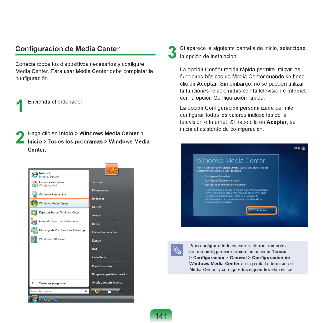 Samsung NP-R40XY01/SES, NP-R40FY07/SES manual 141, Configuración de Media Center, Configuración General Configuración de 
