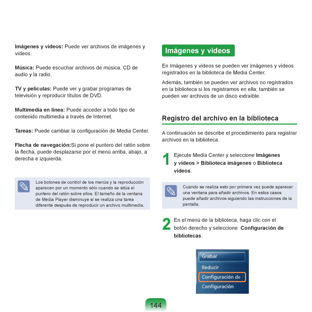 Samsung NP-R40FY06/SES, NP-R40FY07/SES, NP-R40FY00/SES manual Imágenes y vídeos, 144, Registro del archivo en la biblioteca 