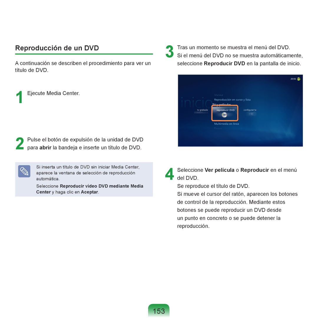 Samsung NP-R40FY07/SES, NP-R40FY00/SES, NP-R40XY01/SES, NP-R40FY0A/SES, NP-R40FY08/SES manual 153, Reproducción de un DVD 
