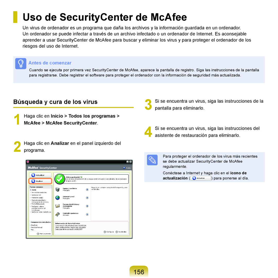 Samsung NP-R40FY0A/SES, NP-R40FY07/SES Uso de SecurityCenter de McAfee, 156, Búsqueda y cura de los virus, Actualización 