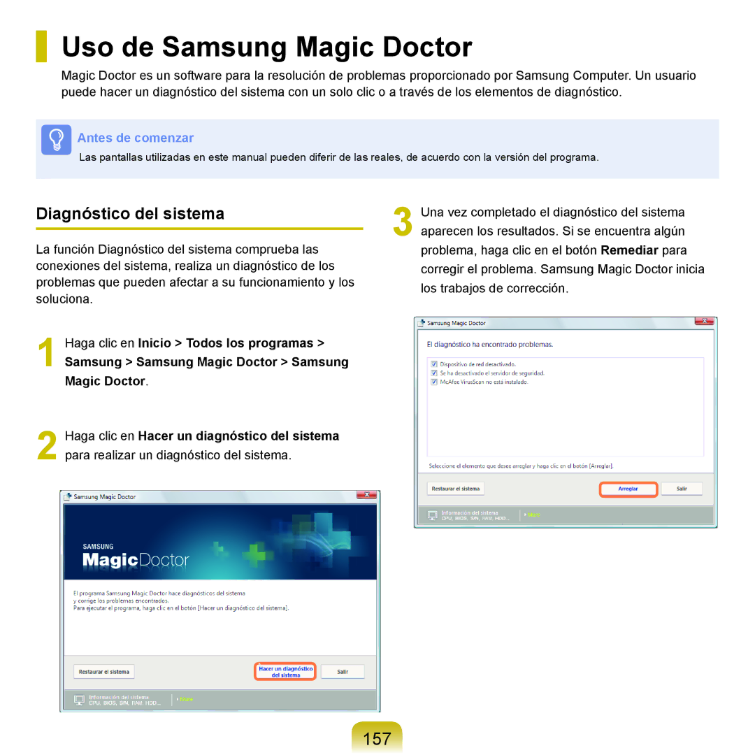 Samsung NP-R40FY08/SES, NP-R40FY07/SES, NP-R40FY00/SES manual Uso de Samsung Magic Doctor, 157, Diagnóstico del sistema 