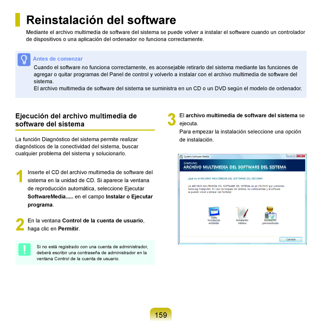 Samsung NP-R40FY0B/SES manual Reinstalación del software, 159, Ejecución del archivo multimedia de software del sistema 