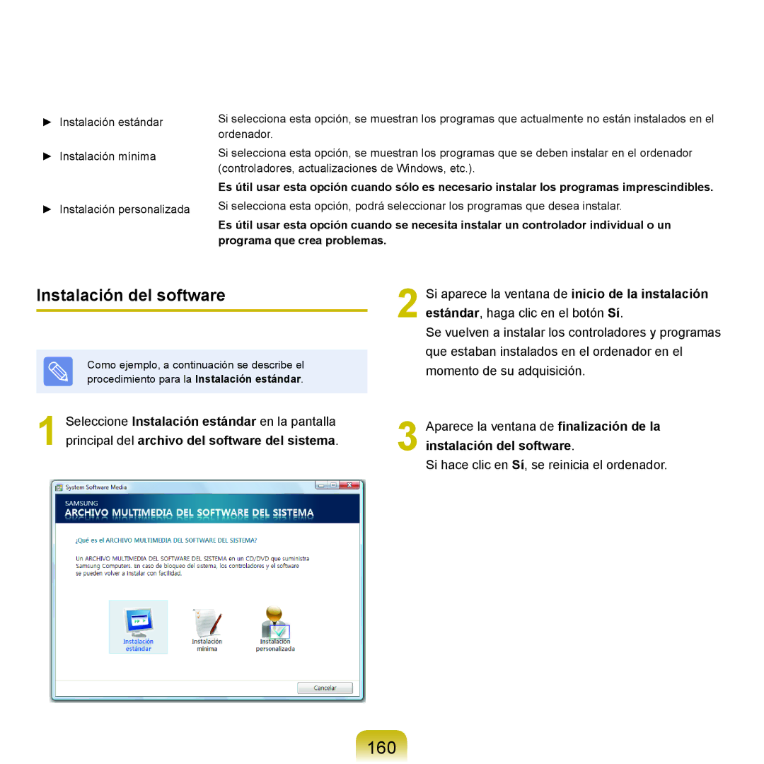 Samsung NP-R40FY01/SES, NP-R40FY07/SES, NP-R40FY00/SES, NP-R40XY01/SES, NP-R40FY0A/SES manual 160, Instalación del software 