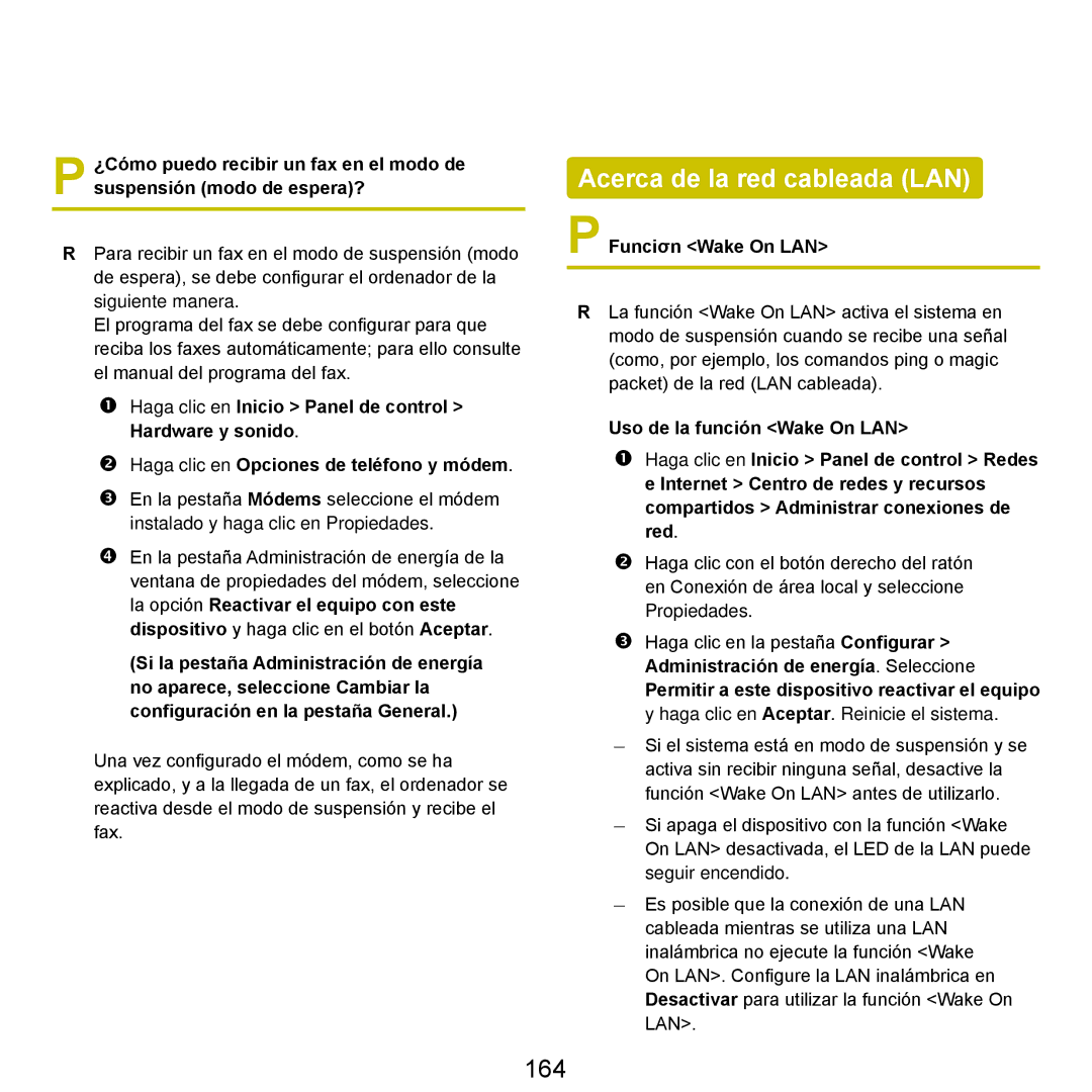 Samsung NP-R40FY0C/SES, NP-R40FY07/SES, NP-R40FY00/SES manual Acerca de la red cableada LAN, 164, Funciσn Wake On LAN 