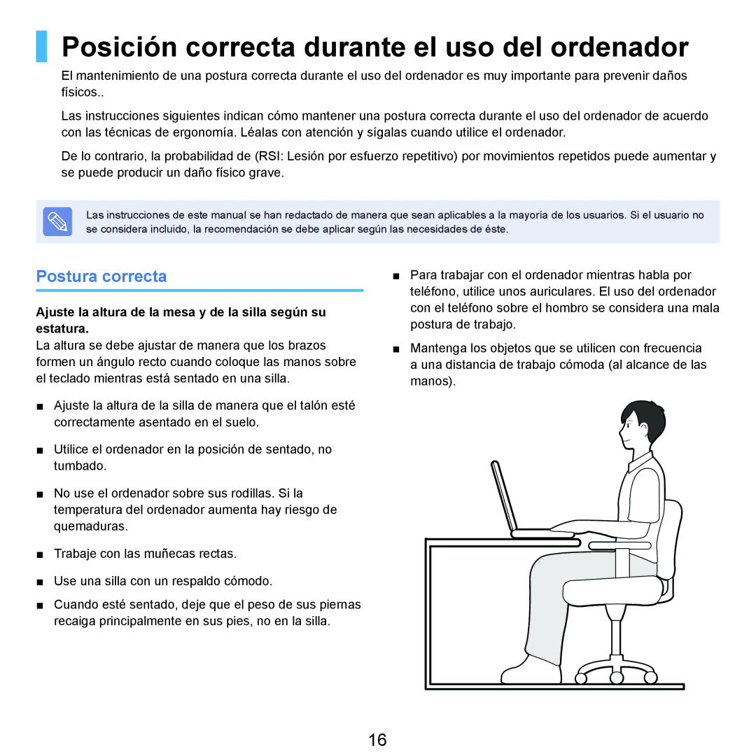 Samsung NP-R40FY0A/SES, NP-R40FY07/SES, NP-R40FY00/SES Posición correcta durante el uso del ordenador, Postura correcta 