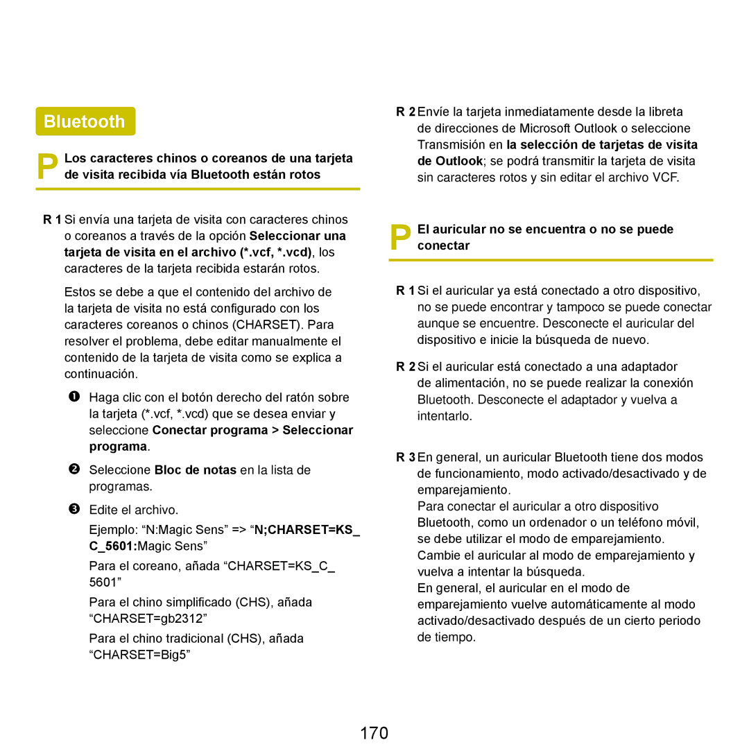 Samsung NP-R40FY0A/SES, NP-R40FY07/SES, NP-R40FY00/SES Bluetooth, 170, El auricular no se encuentra o no se puede conectar 