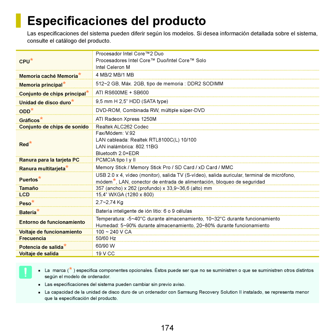 Samsung NP-R40FY01/SES, NP-R40FY07/SES, NP-R40FY00/SES, NP-R40XY01/SES, NP-R40FY0A/SES Especificaciones del producto, 174 