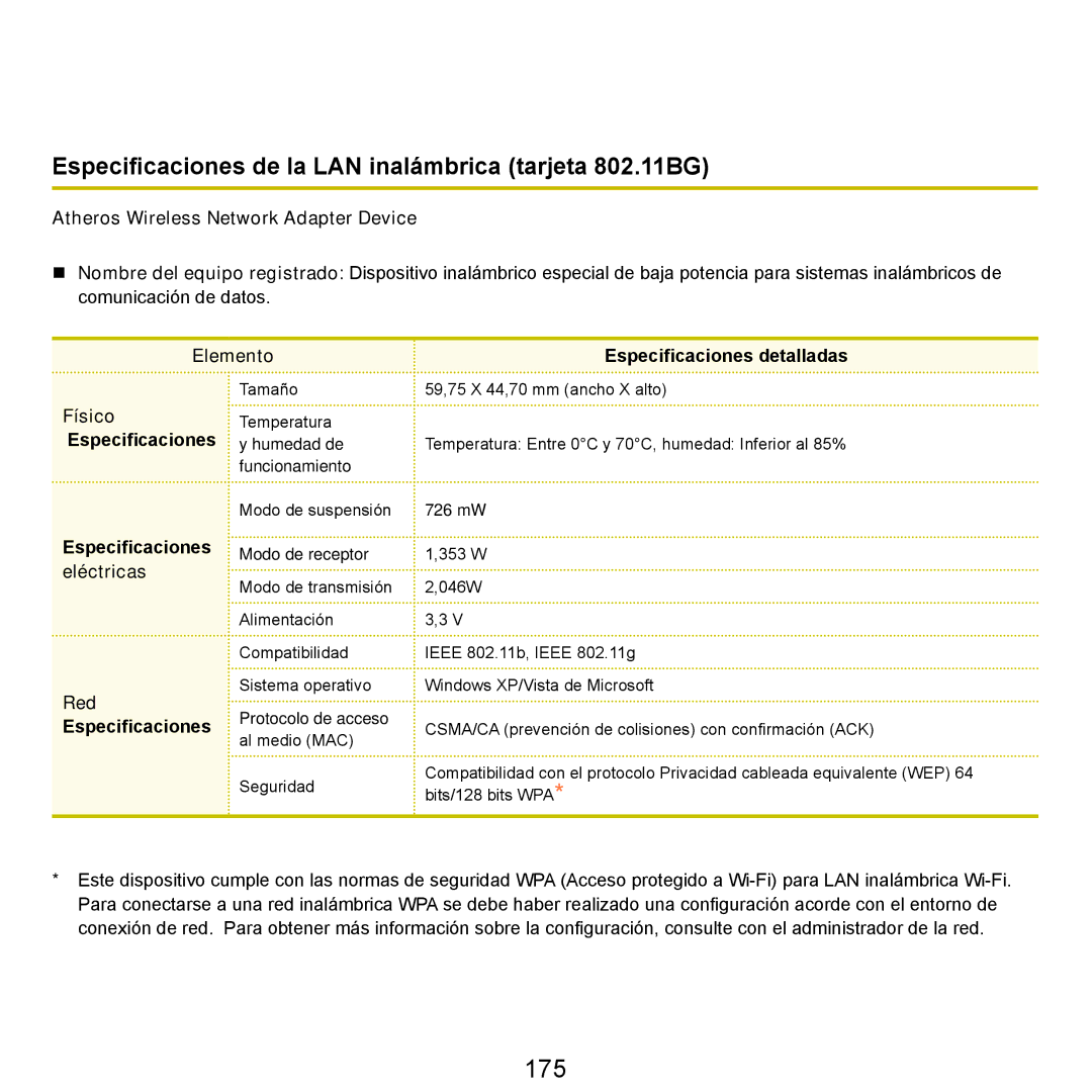 Samsung NP-R40FY05/SES, NP-R40FY07/SES, NP-R40FY00/SES manual 175, Especificaciones de la LAN inalámbrica tarjeta 802.11BG 