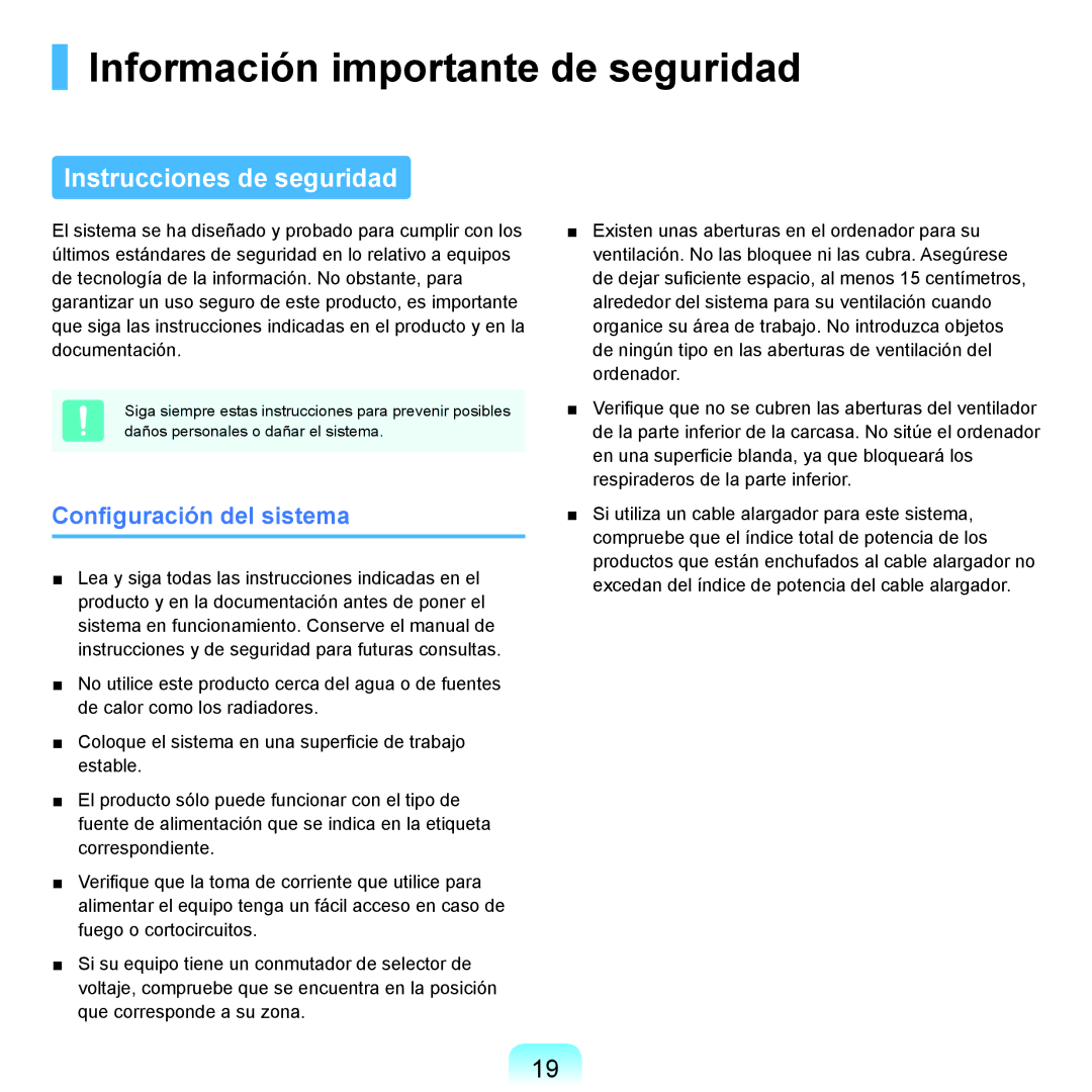 Samsung NP-R40FY0B/SES manual Información importante de seguridad, Instrucciones de seguridad, Configuración del sistema 