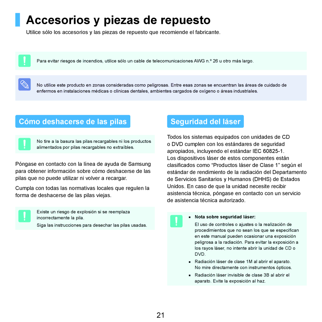 Samsung NP-R40FY05/SES manual Accesorios y piezas de repuesto, Cómo deshacerse de las pilas, Nota sobre seguridad láser 