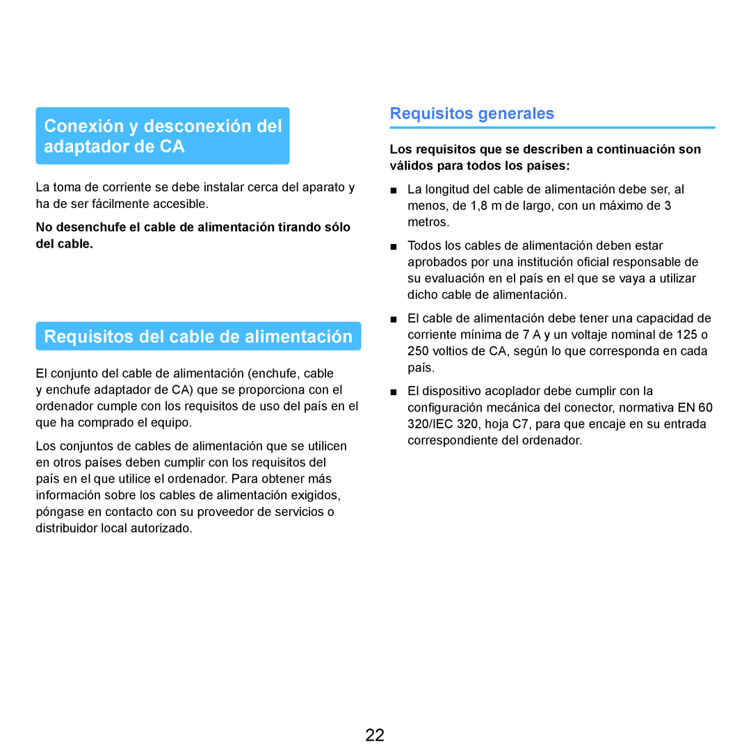 Samsung NP-R40FY03/SES, NP-R40FY07/SES Conexión y desconexión del adaptador de CA, Requisitos del cable de alimentación 