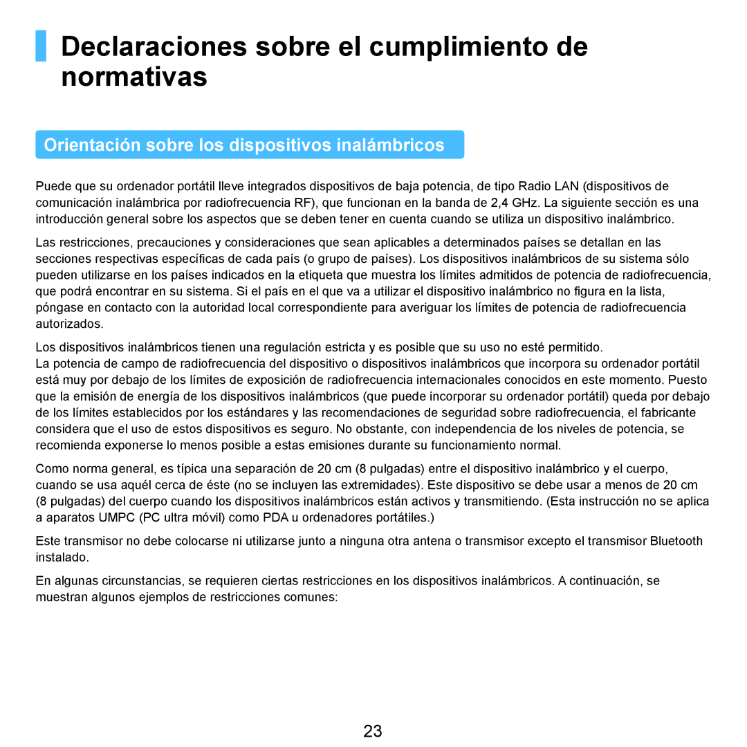 Samsung NP-R40FY02/SES Declaraciones sobre el cumplimiento de normativas, Orientación sobre los dispositivos inalámbricos 