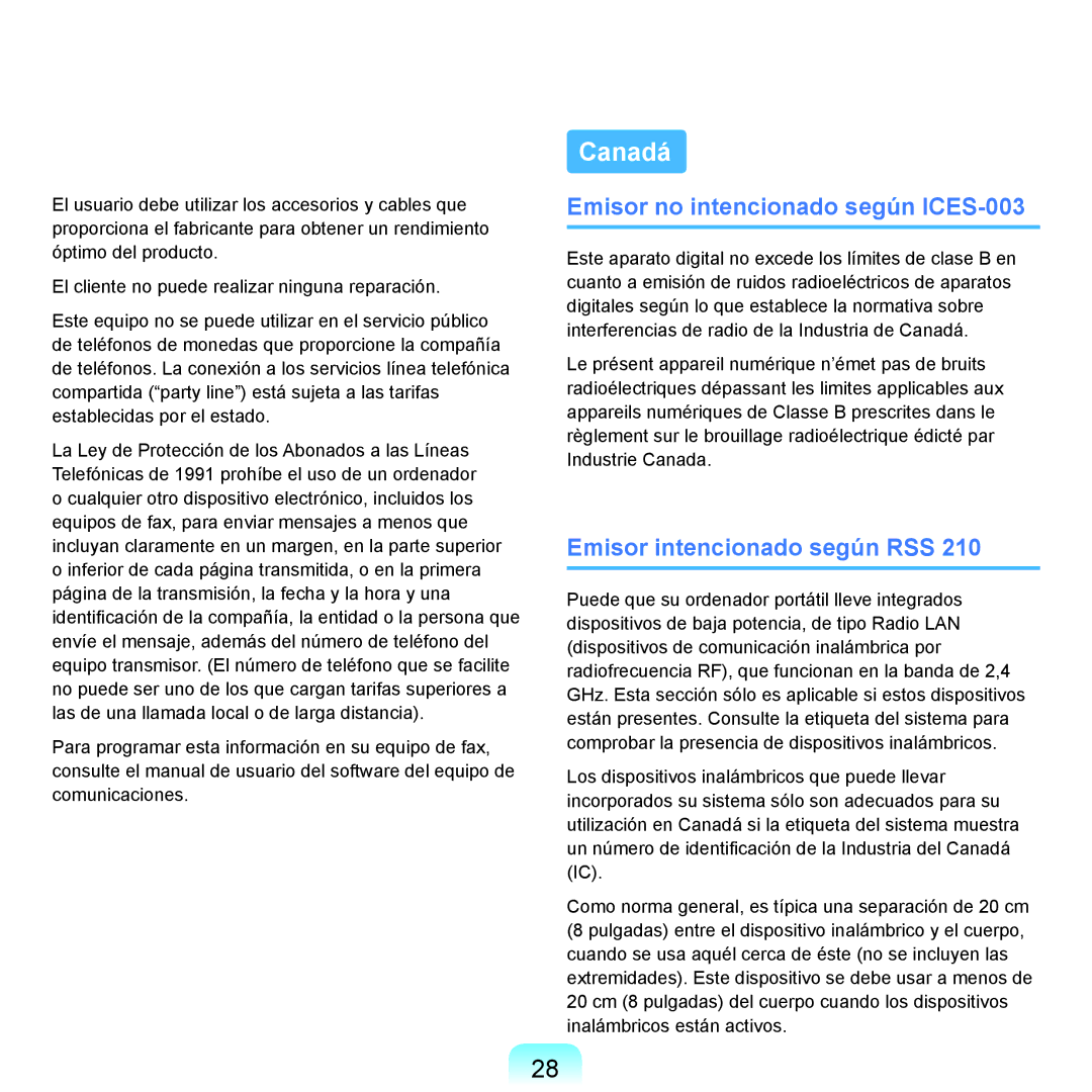 Samsung NP-R40FY00/SES, NP-R40FY07/SES manual Canadá, Emisor no intencionado según ICES-003, Emisor intencionado según RSS 