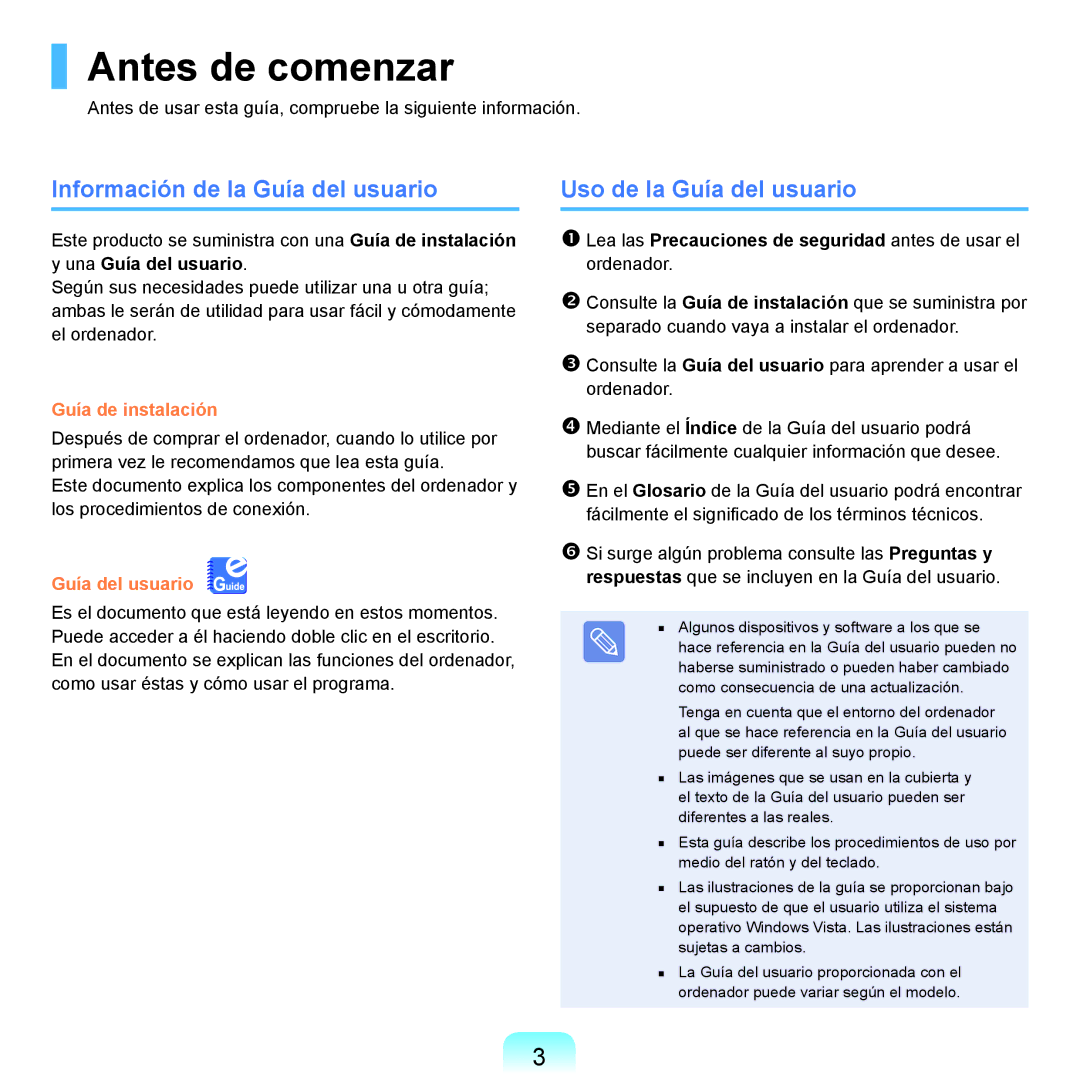 Samsung NP-R40FY08/SES, NP-R40FY07/SES Antes de comenzar, Información de la Guía del usuario, Uso de la Guía del usuario 