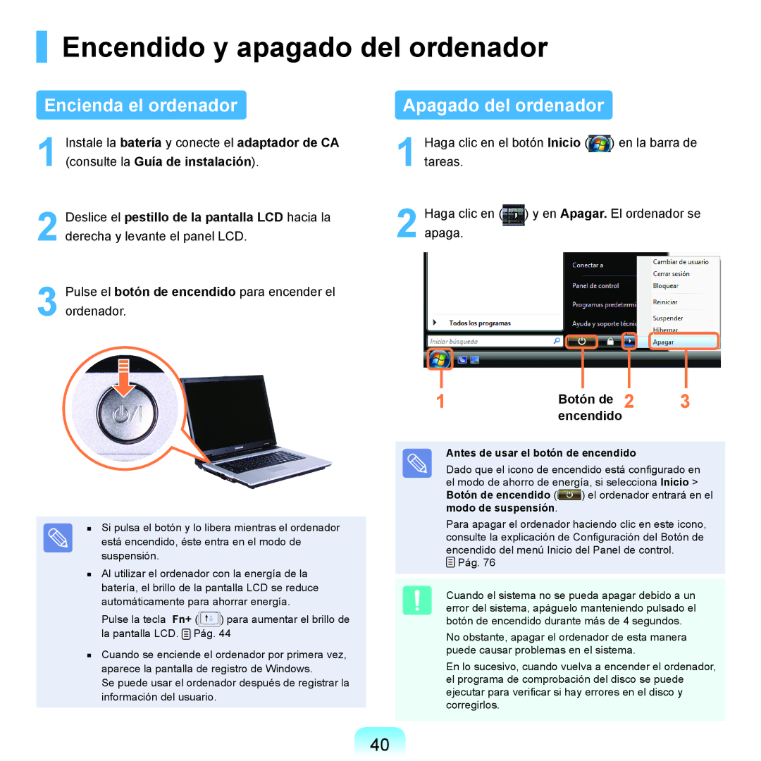 Samsung NP-R40FY04/SES, NP-R40FY07/SES Encendido y apagado del ordenador, Encienda el ordenador, Apagado del ordenador 