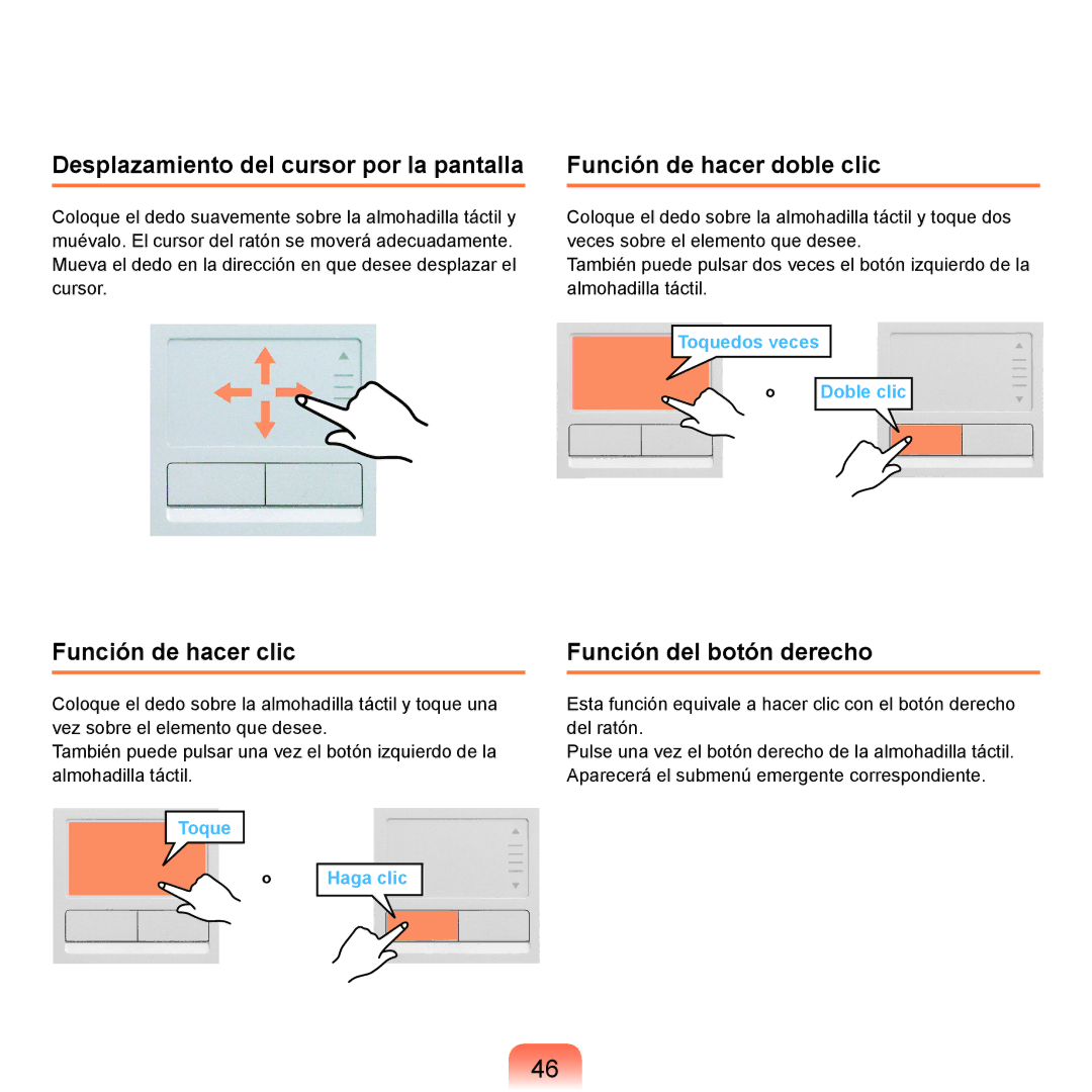 Samsung NP-R40FY06/SES manual Desplazamiento del cursor por la pantalla, Función de hacer clic, Función de hacer doble clic 