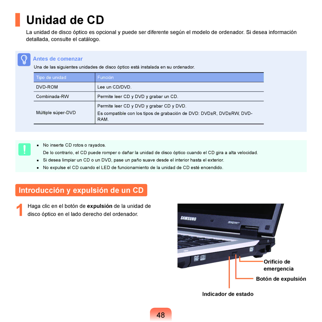 Samsung NP-R40FY01/SES, NP-R40FY07/SES, NP-R40FY00/SES, NP-R40XY01/SES manual Unidad de CD, Introducción y expulsión de un CD 