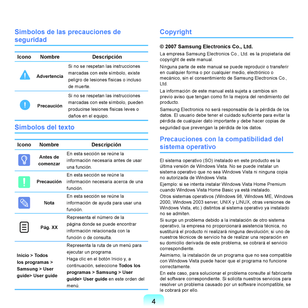 Samsung NP-R40FY06/SES Simbolos de las precauciones de seguridad, Símbolos del texto, Copyright, Icono Nombre Descripción 