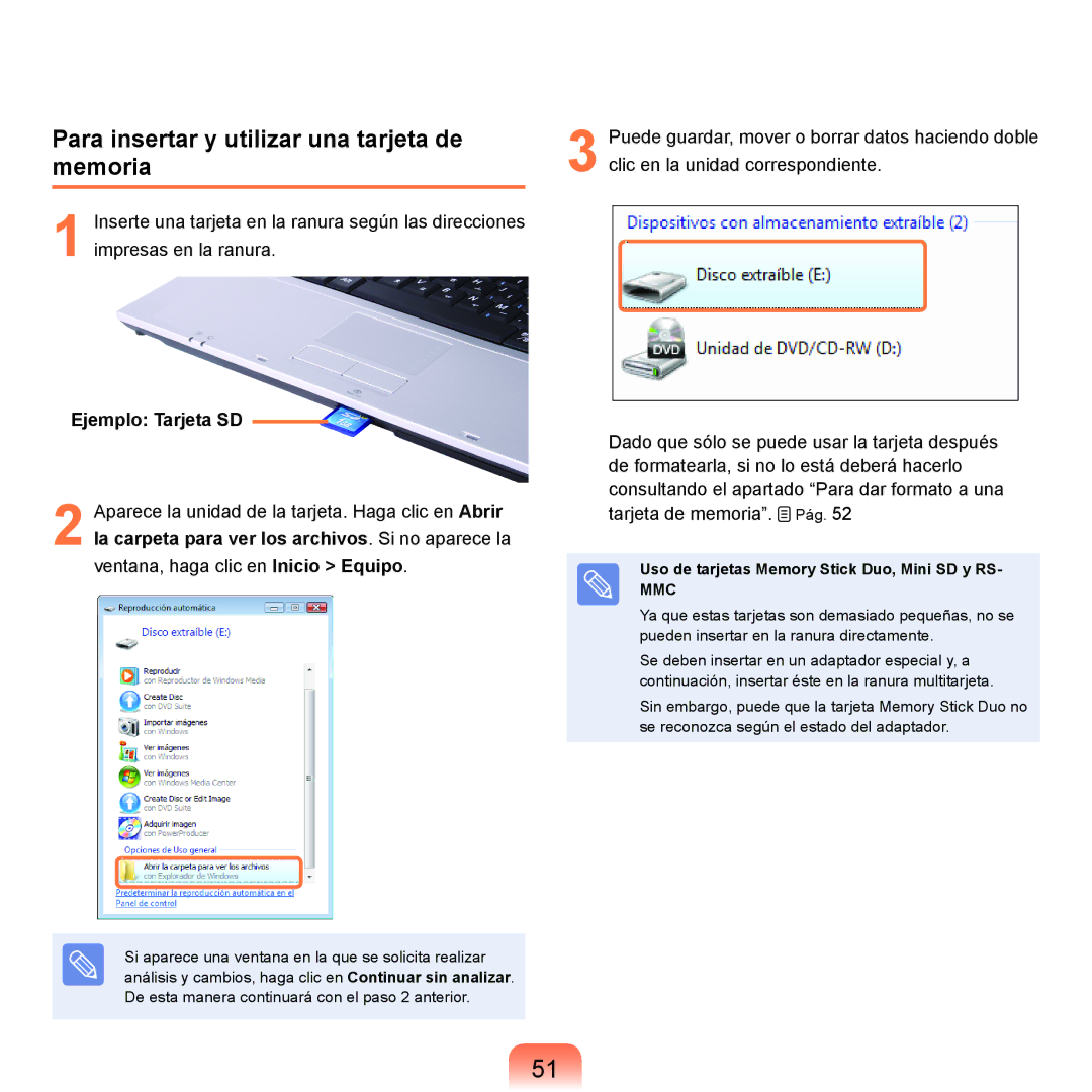 Samsung NP-R40FY02/SES, NP-R40FY07/SES, NP-R40FY00/SES Para insertar y utilizar una tarjeta de memoria, Ejemplo Tarjeta SD 