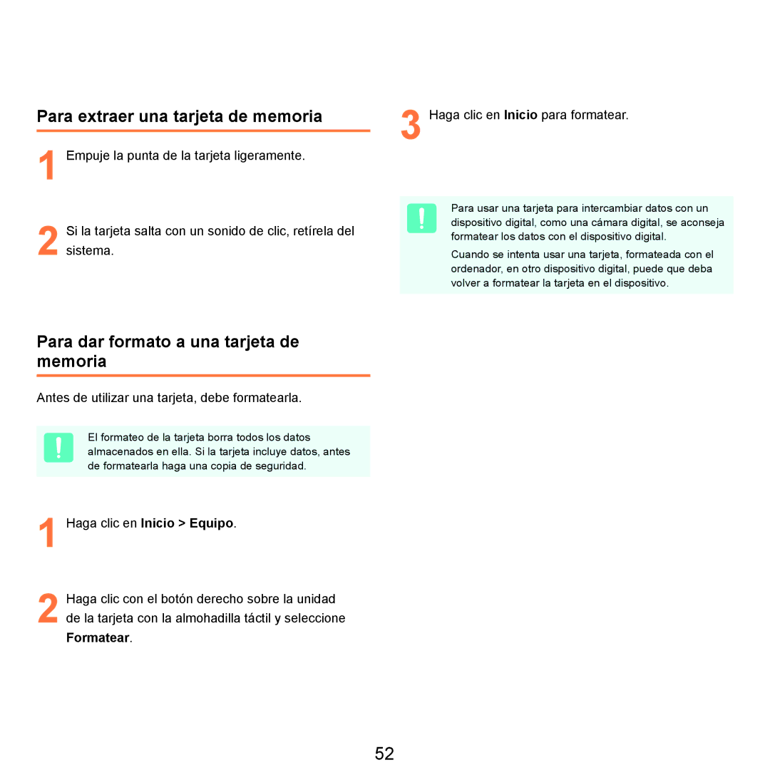 Samsung NP-R40FY0C/SES, NP-R40FY07/SES manual Para extraer una tarjeta de memoria, Para dar formato a una tarjeta de memoria 