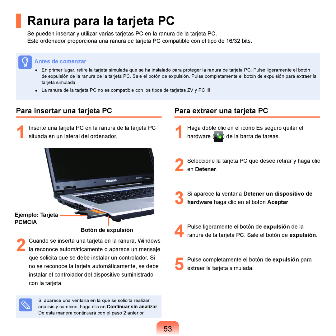 Samsung NP-R40FY09/SES manual Ranura para la tarjeta PC, Para insertar una tarjeta PC, Para extraer una tarjeta PC 