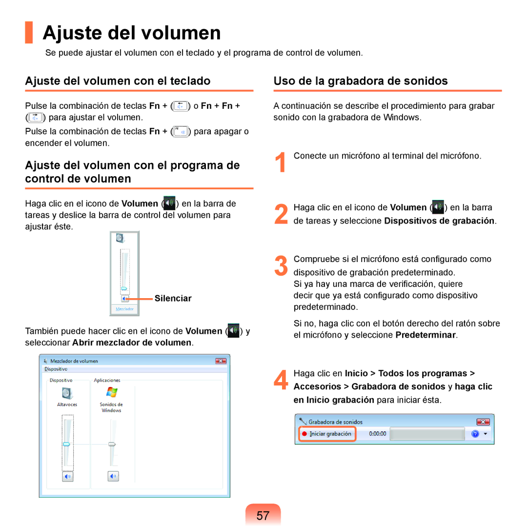 Samsung NP-R40XY01/SES Ajuste del volumen con el teclado, Ajuste del volumen con el programa de control de volumen 