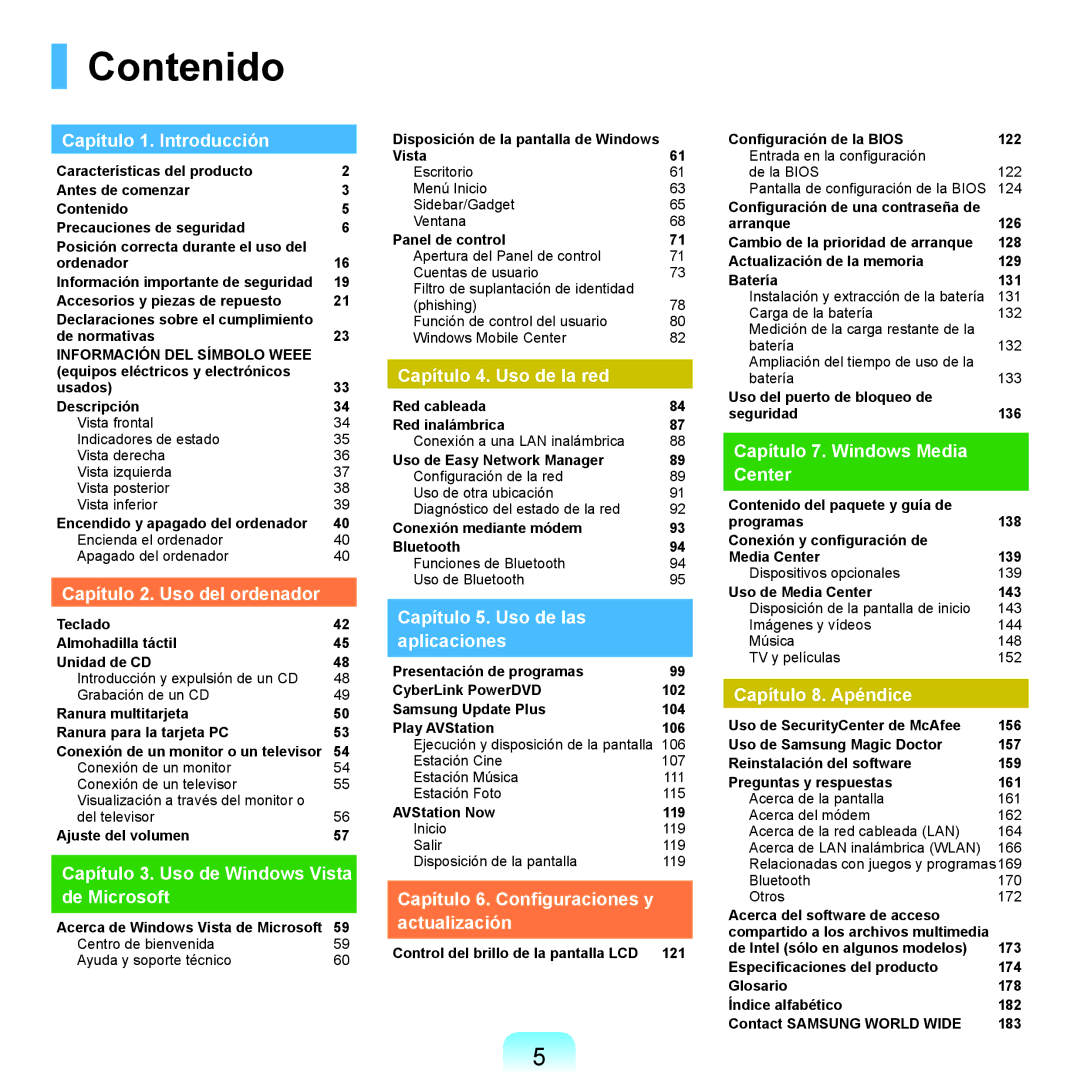 Samsung NP-R40FY0B/SES, NP-R40FY07/SES, NP-R40FY00/SES, NP-R40XY01/SES, NP-R40FY0A/SES, NP-R40FY08/SES manual Contenido 