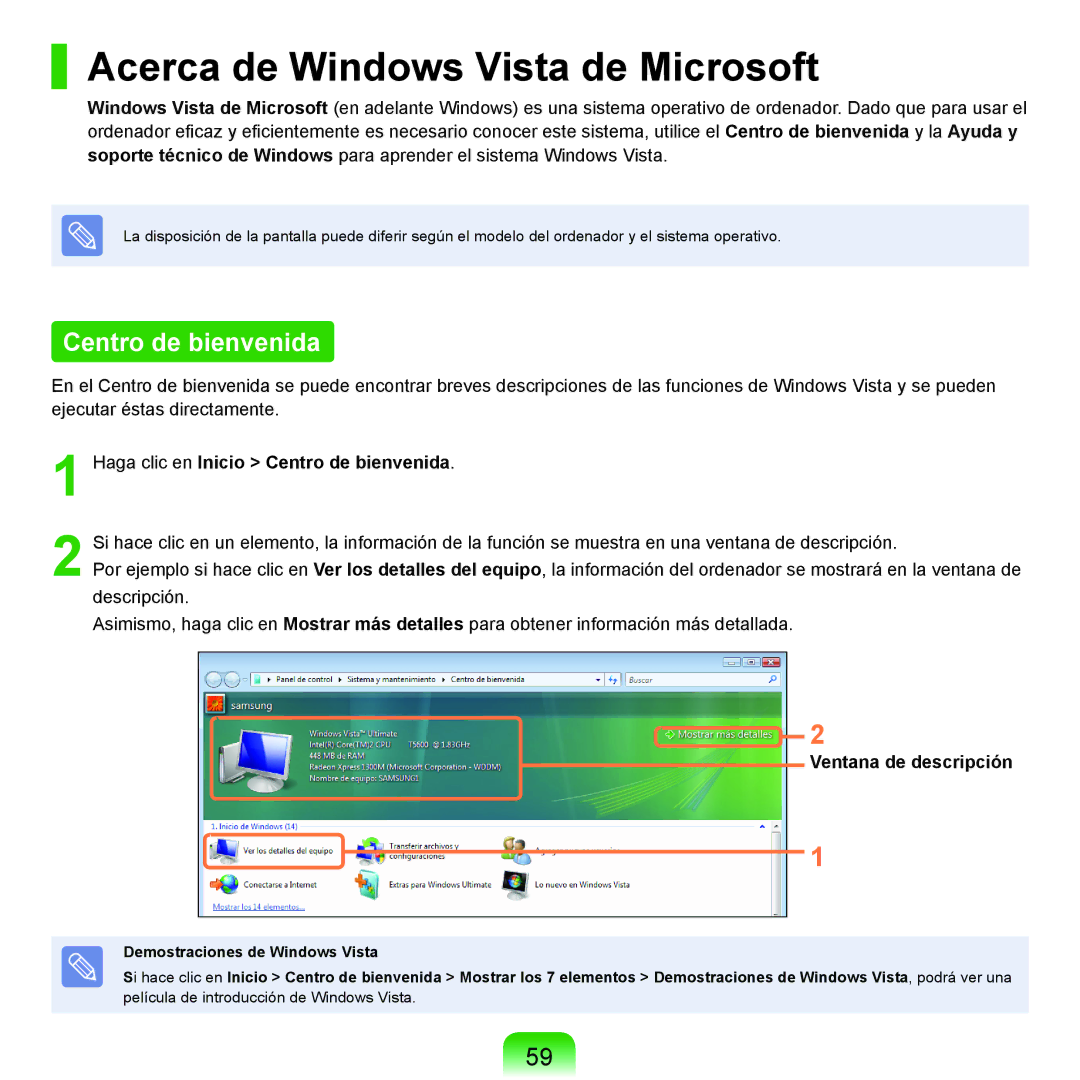 Samsung NP-R40FY08/SES, NP-R40FY07/SES Acerca de Windows Vista de Microsoft, Centro de bienvenida, Ventana de descripción 