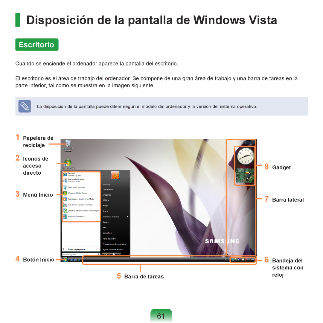 Samsung NP-R40FY0B/SES, NP-R40FY07/SES, NP-R40FY00/SES manual Disposición de la pantalla de Windows Vista, Escritorio 