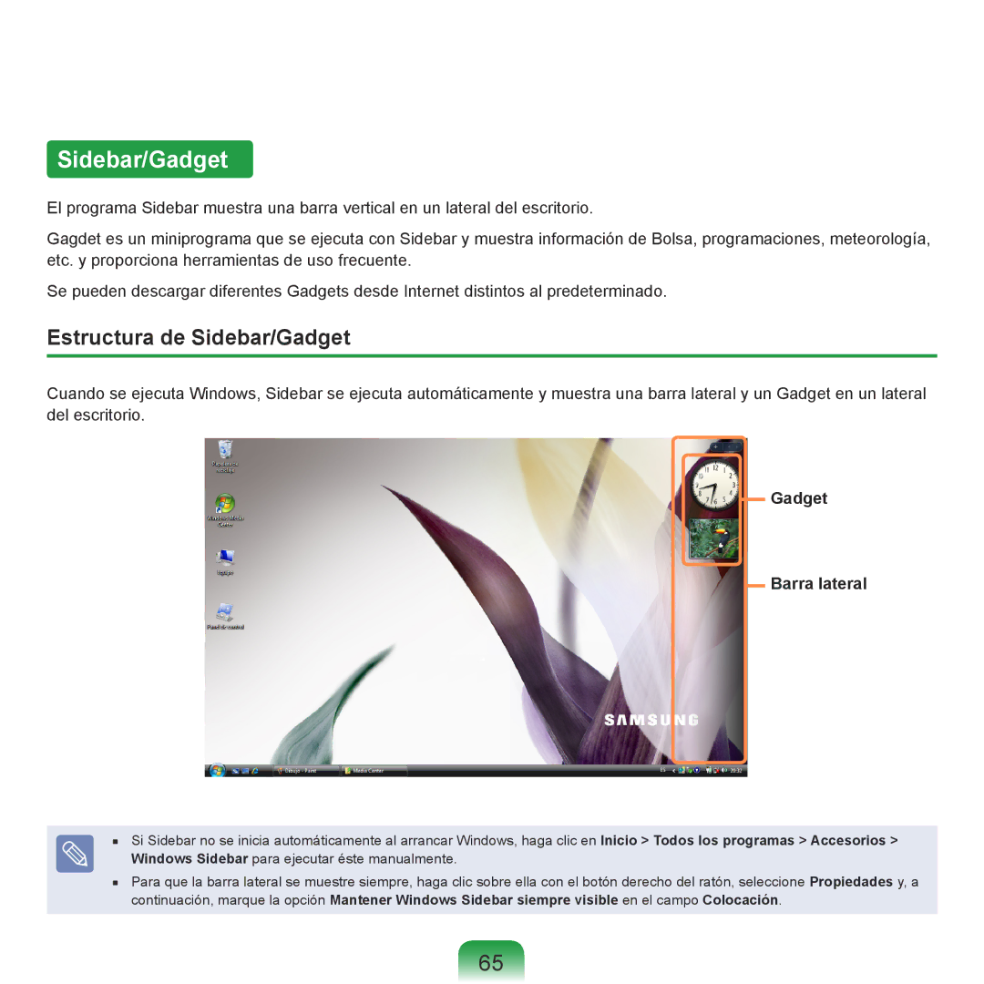 Samsung NP-R40FY02/SES, NP-R40FY07/SES, NP-R40FY00/SES manual Estructura de Sidebar/Gadget, Gadget Barra lateral 