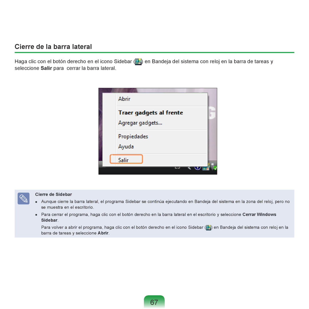 Samsung NP-R40FY09/SES, NP-R40FY07/SES, NP-R40FY00/SES, NP-R40XY01/SES manual Cierre de la barra lateral, Cierre de Sidebar 