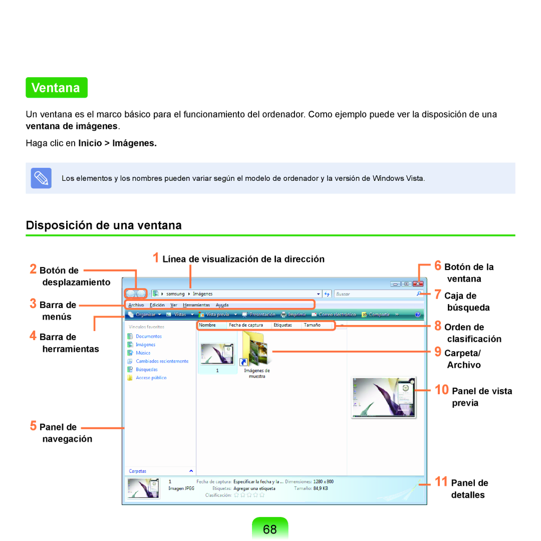 Samsung NP-R40FY04/SES, NP-R40FY07/SES, NP-R40FY00/SES Ventana, Disposición de una ventana, Haga clic en Inicio Imágenes 