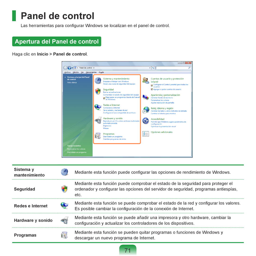 Samsung NP-R40XY01/SES, NP-R40FY07/SES, NP-R40FY00/SES, NP-R40FY0A/SES, NP-R40FY08/SES manual Apertura del Panel de control 