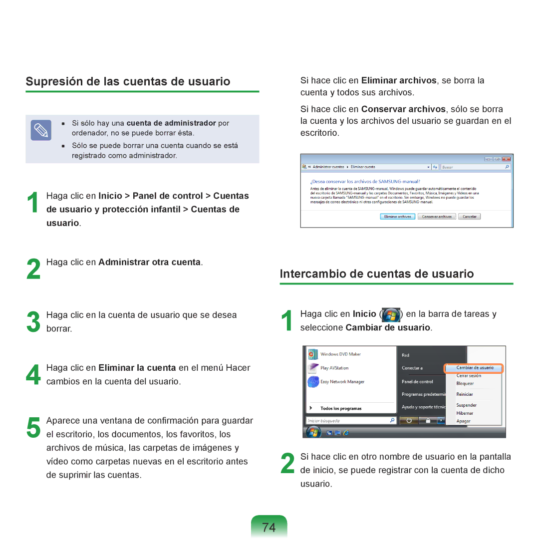 Samsung NP-R40FY06/SES, NP-R40FY07/SES manual Supresión de las cuentas de usuario, Intercambio de cuentas de usuario 