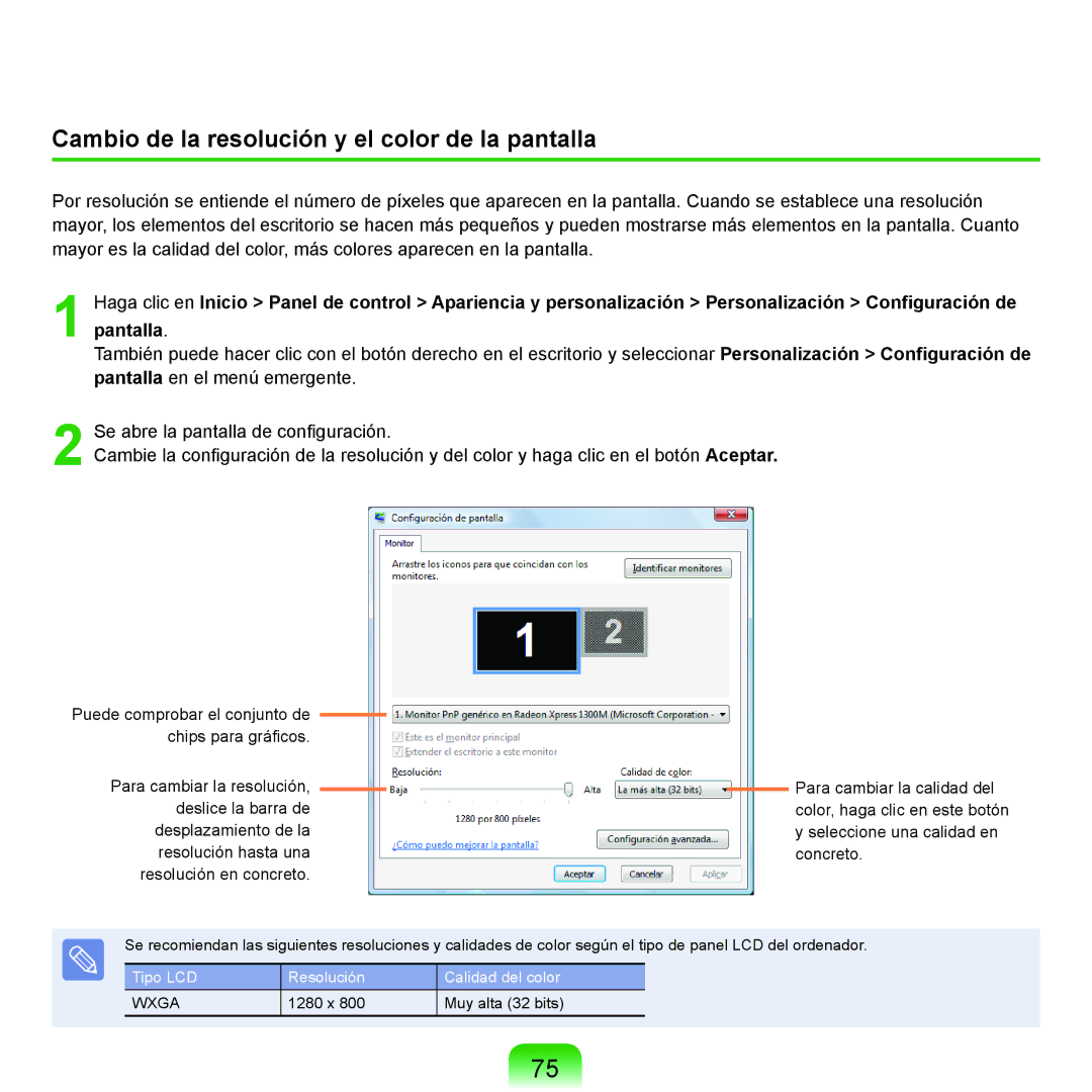 Samsung NP-R40FY0B/SES, NP-R40FY07/SES, NP-R40FY00/SES, NP-R40XY01/SES Cambio de la resolución y el color de la pantalla 